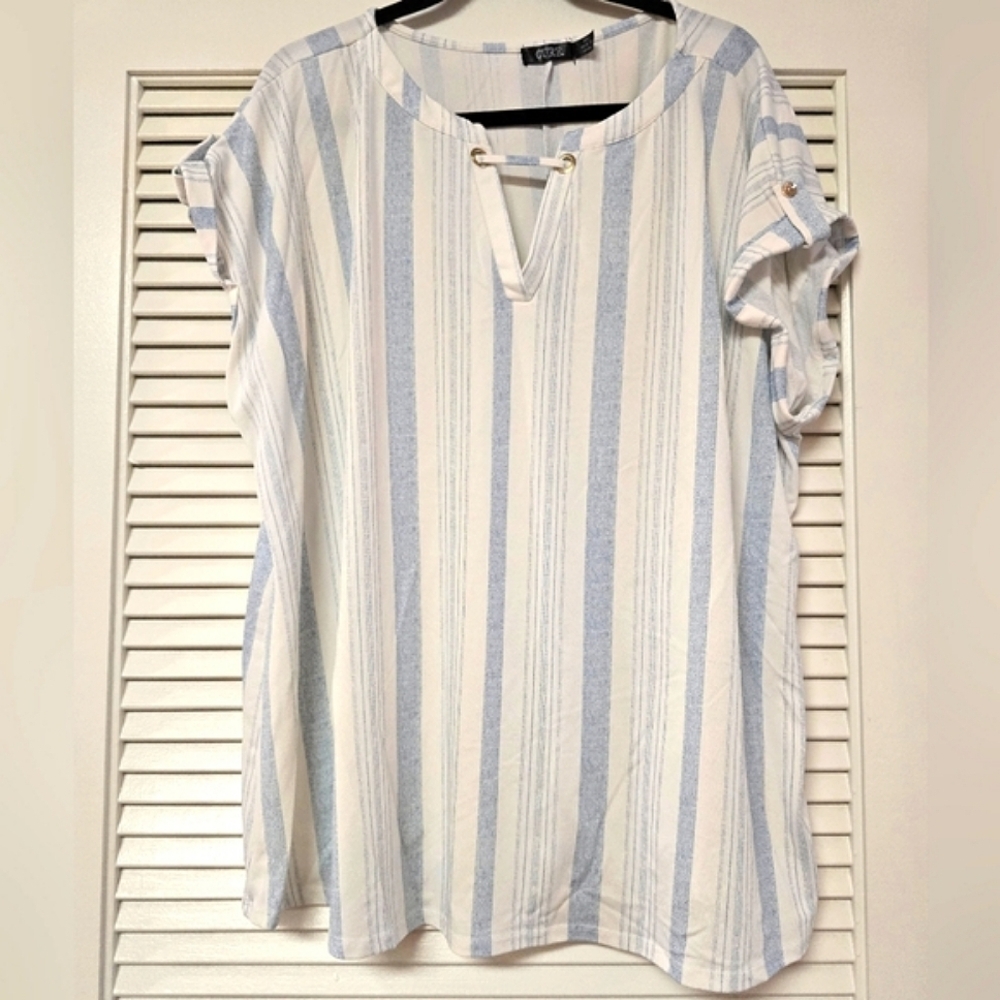 CURE - (Plus-Size) Blue & White Stripe Short-Sleeve Nautical Top